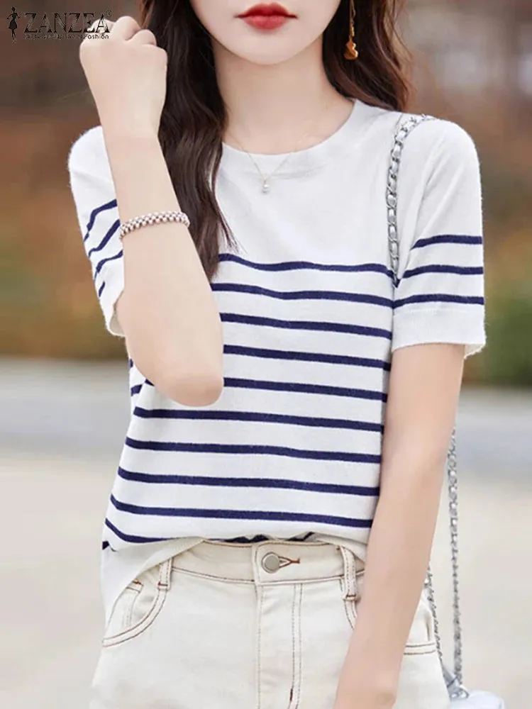 2024 ZANZEA Fashion Summer Striped Blouse Casual OL Work Blusas Female Office Tops Tunic Chemise Women O Neck Short Sleeve Shirt