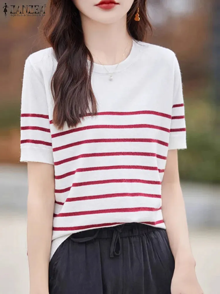 2024 ZANZEA Fashion Summer Striped Blouse Casual OL Work Blusas Female Office Tops Tunic Chemise Women O Neck Short Sleeve Shirt