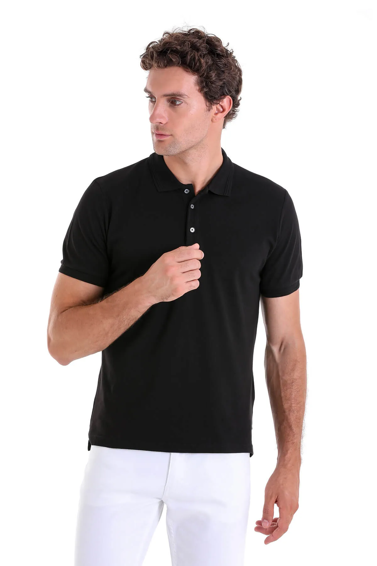 35361023C001 \  Comfort Fit Basic / Plain 100% Cotton Polo T-shirt, Black