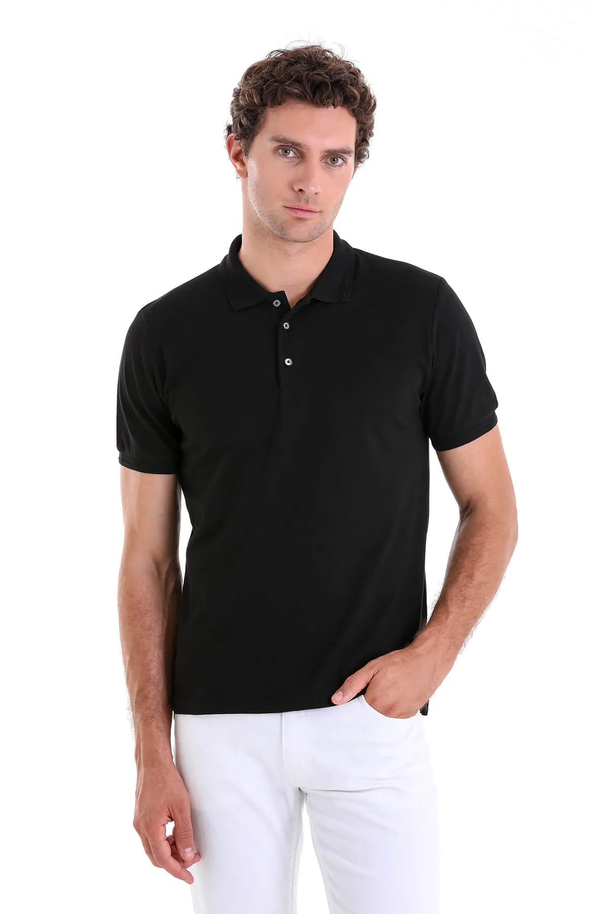 35361023C001 \  Comfort Fit Basic / Plain 100% Cotton Polo T-shirt, Black