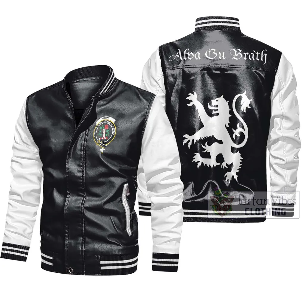 Aiton Family Crest Leather Bomber Jacket Lion Rampant Alba Gu Brath Style