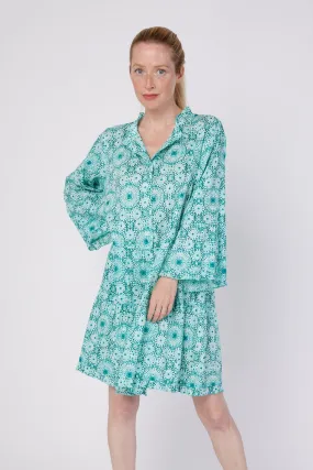 Alcee 3/4 Frill Sleeve Ruffle Knee Length Relaxed Dress in Moroccan Tile