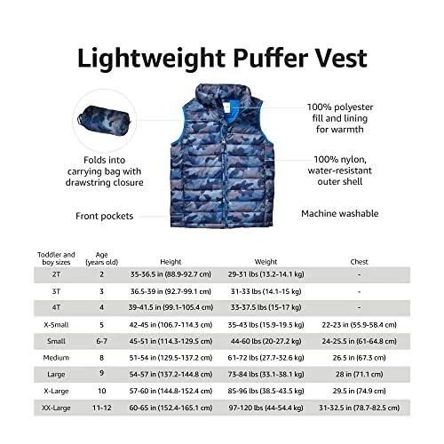 Amazon Essentials Boys' Lightweight Water-Resistant Packable Puffer Vest, Black, Large