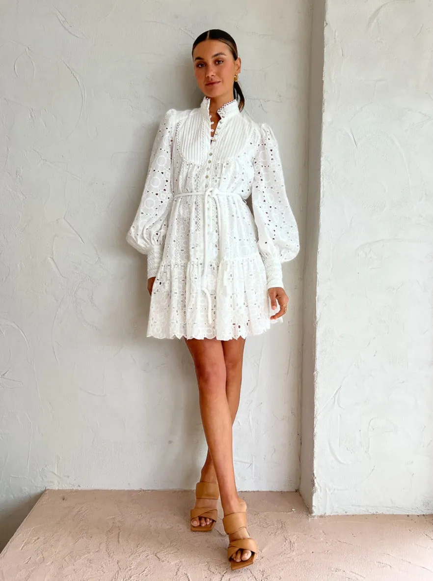 Aofur Women's Embroidery Floral Print Long Lantern Sleeve Wedding Party Shift Tunic Dress Casual Ruffle Swing Mini Dress