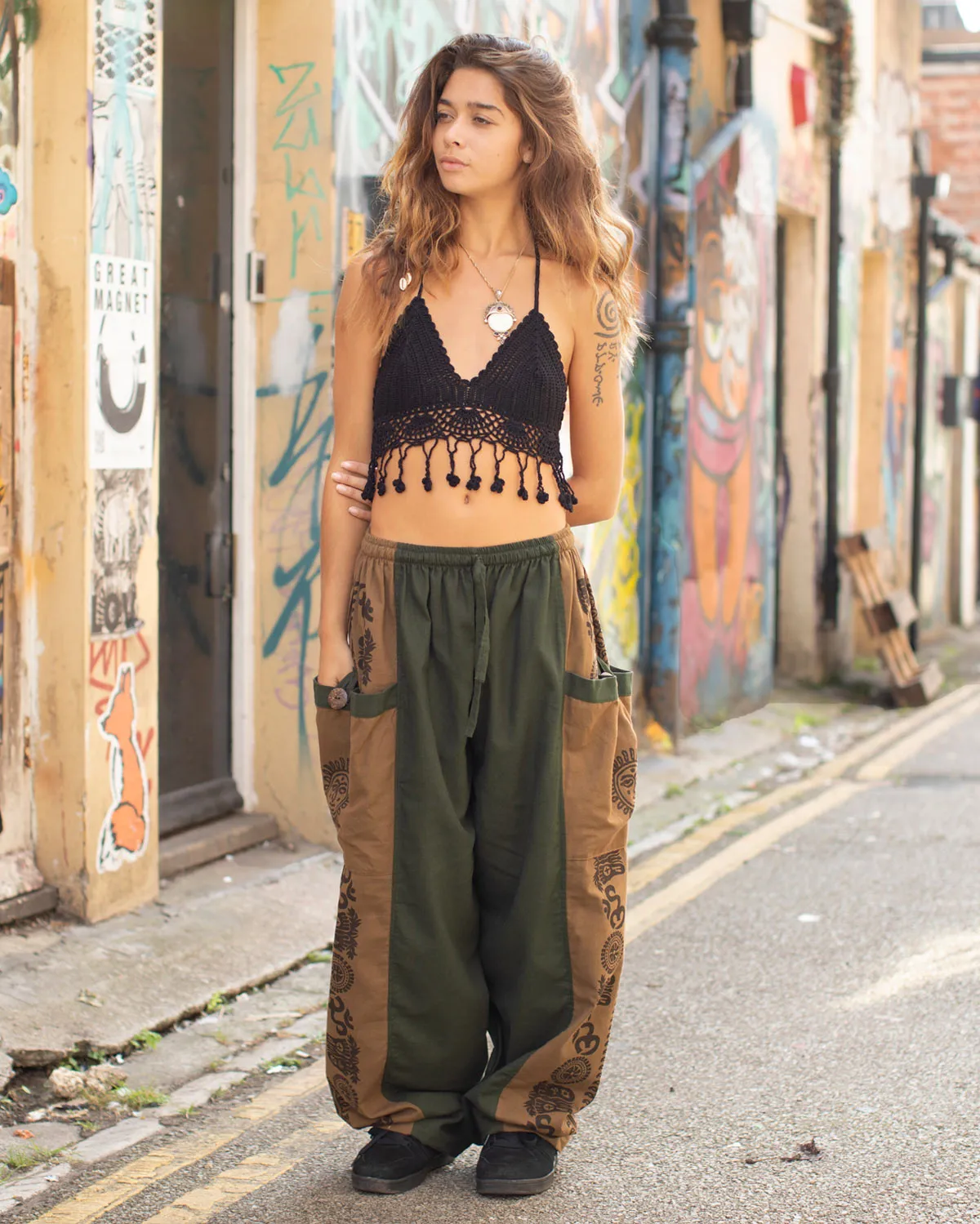 Aztec Sun Print Baggy Trousers Green