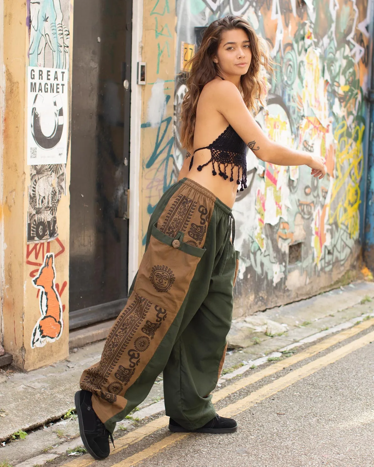 Aztec Sun Print Baggy Trousers Green