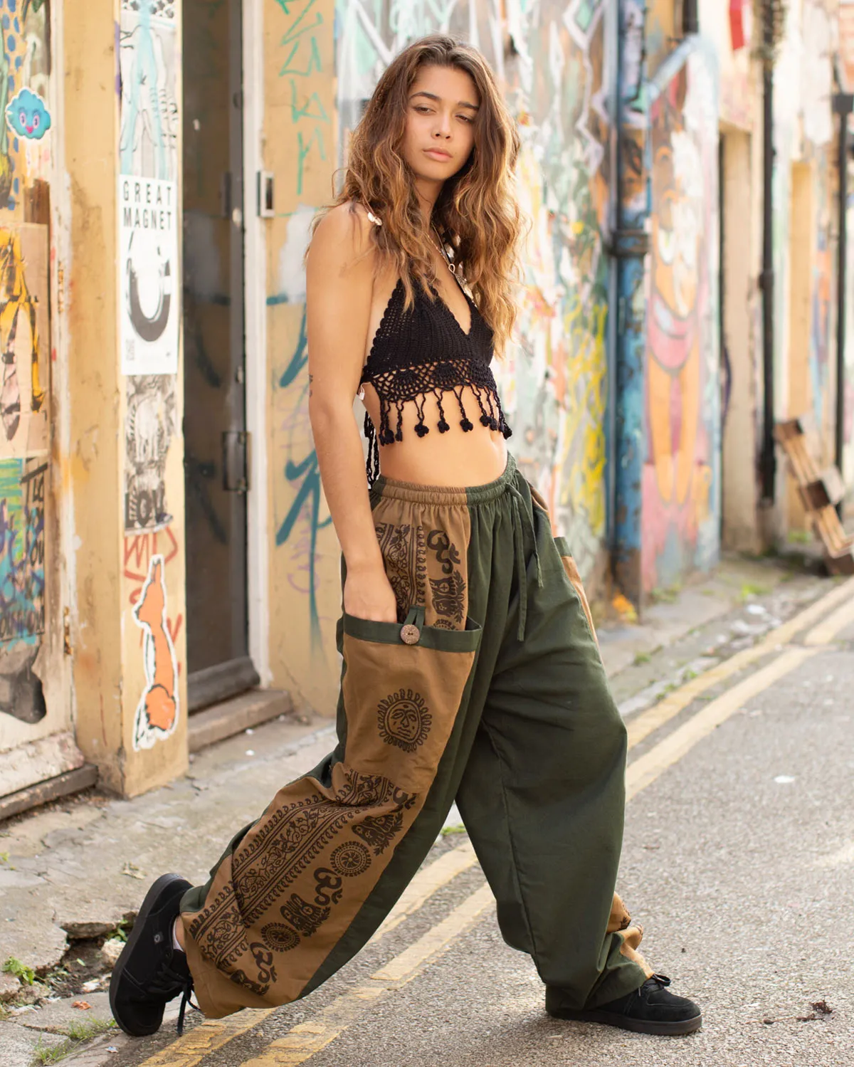 Aztec Sun Print Baggy Trousers Green