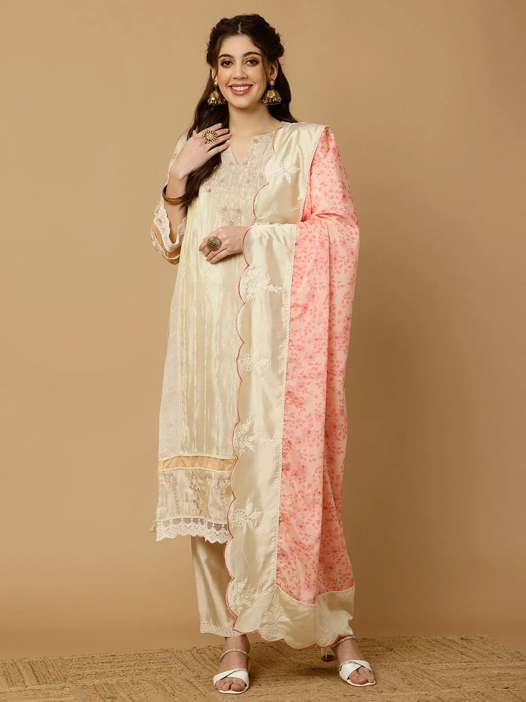 Beige & Peach Zarodosi Jacquard Silk Kurta With Pants And Dupatta