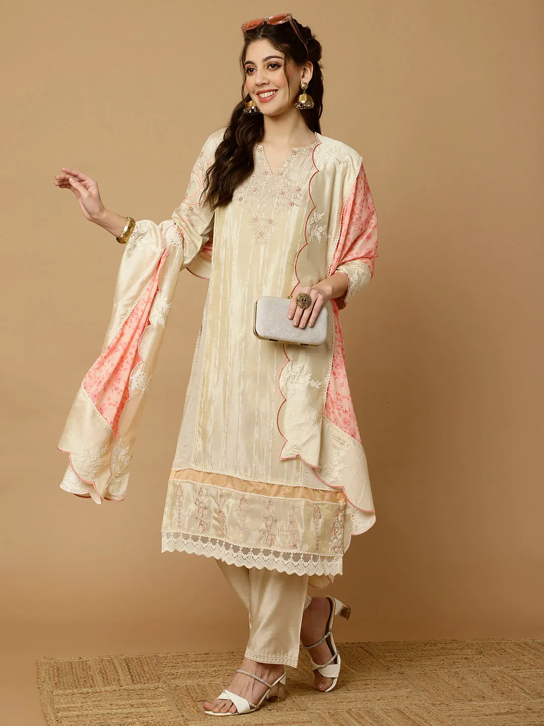 Beige & Peach Zarodosi Jacquard Silk Kurta With Pants And Dupatta