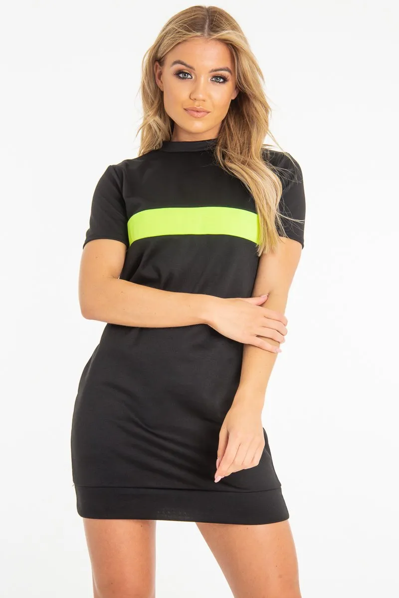 Black Neon Green Stripe Detail T-Shirt Dress - Crystal