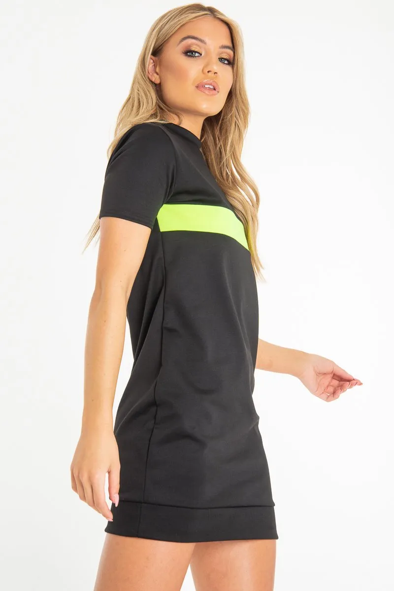 Black Neon Green Stripe Detail T-Shirt Dress - Crystal