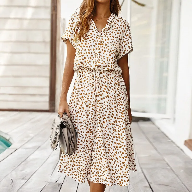 Bohemian Dot Print Summer Lace Up Waist Asymmetrical Midi Dress