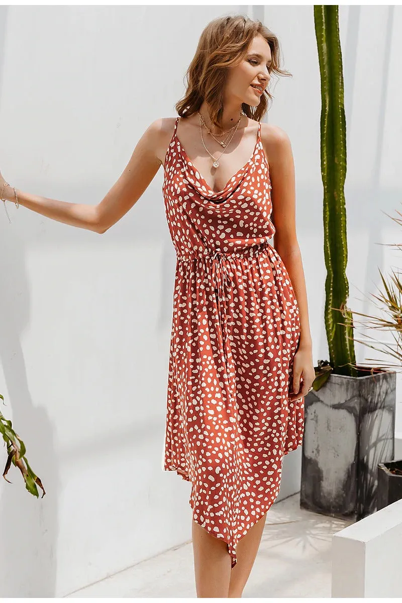 Bohemian Dot Print Summer Lace Up Waist Asymmetrical Midi Dress