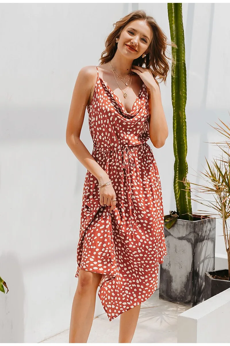 Bohemian Dot Print Summer Lace Up Waist Asymmetrical Midi Dress