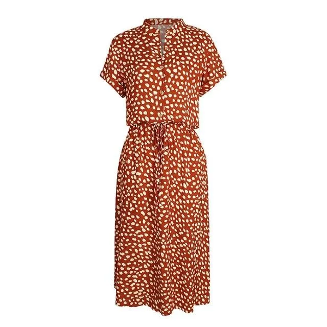 Bohemian Dot Print Summer Lace Up Waist Asymmetrical Midi Dress