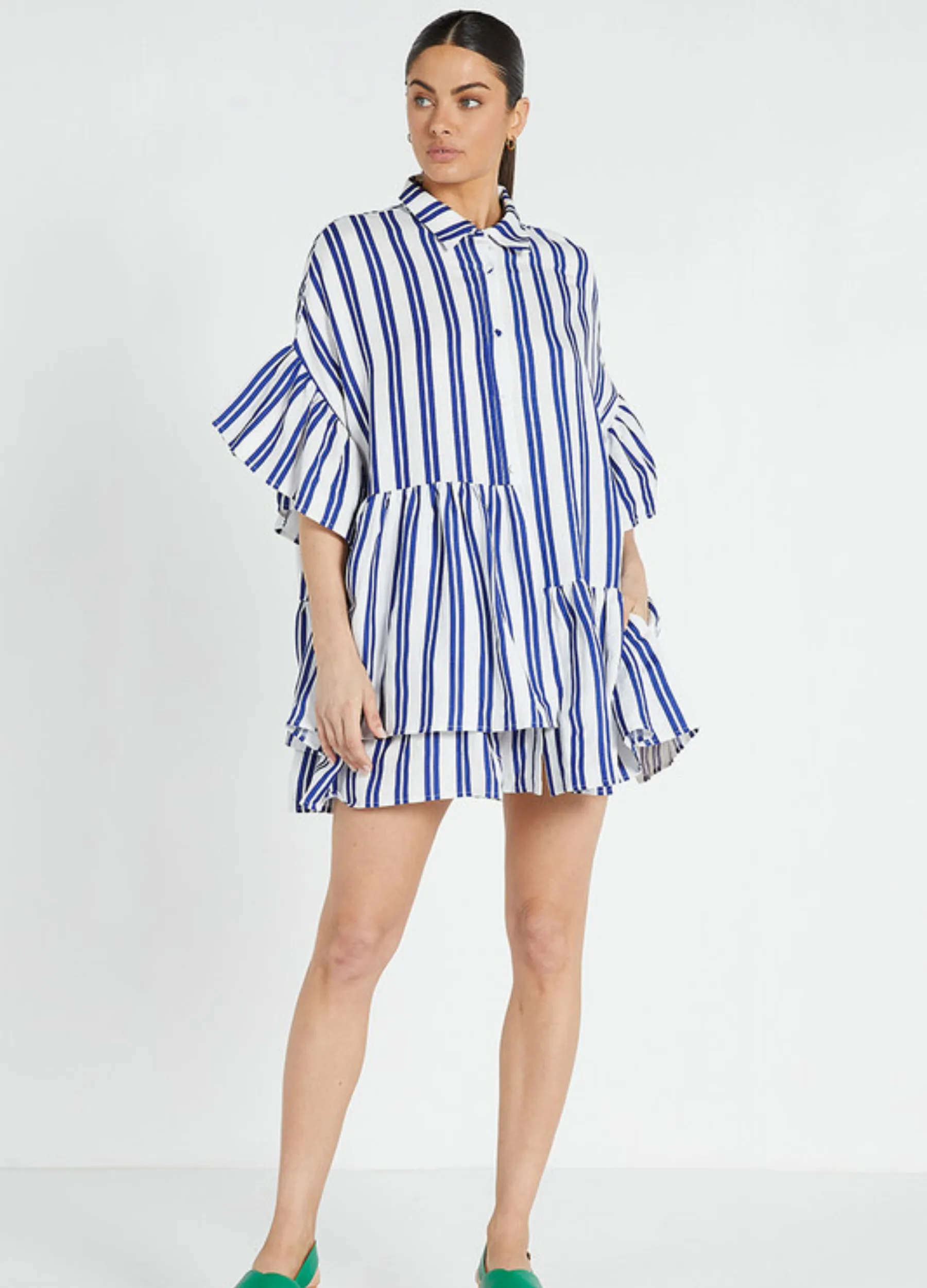 Bohemian Traders - Mid Sleeve Genoa Mini Shirt Dress - Royal Stripe