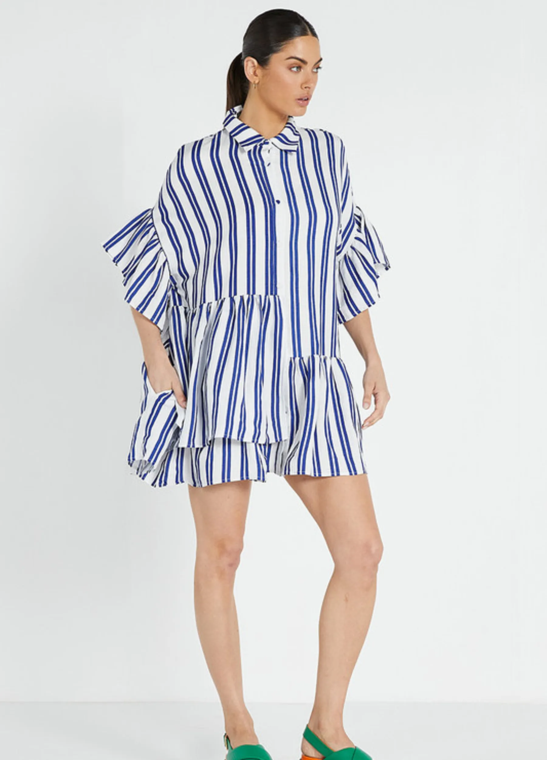 Bohemian Traders - Mid Sleeve Genoa Mini Shirt Dress - Royal Stripe