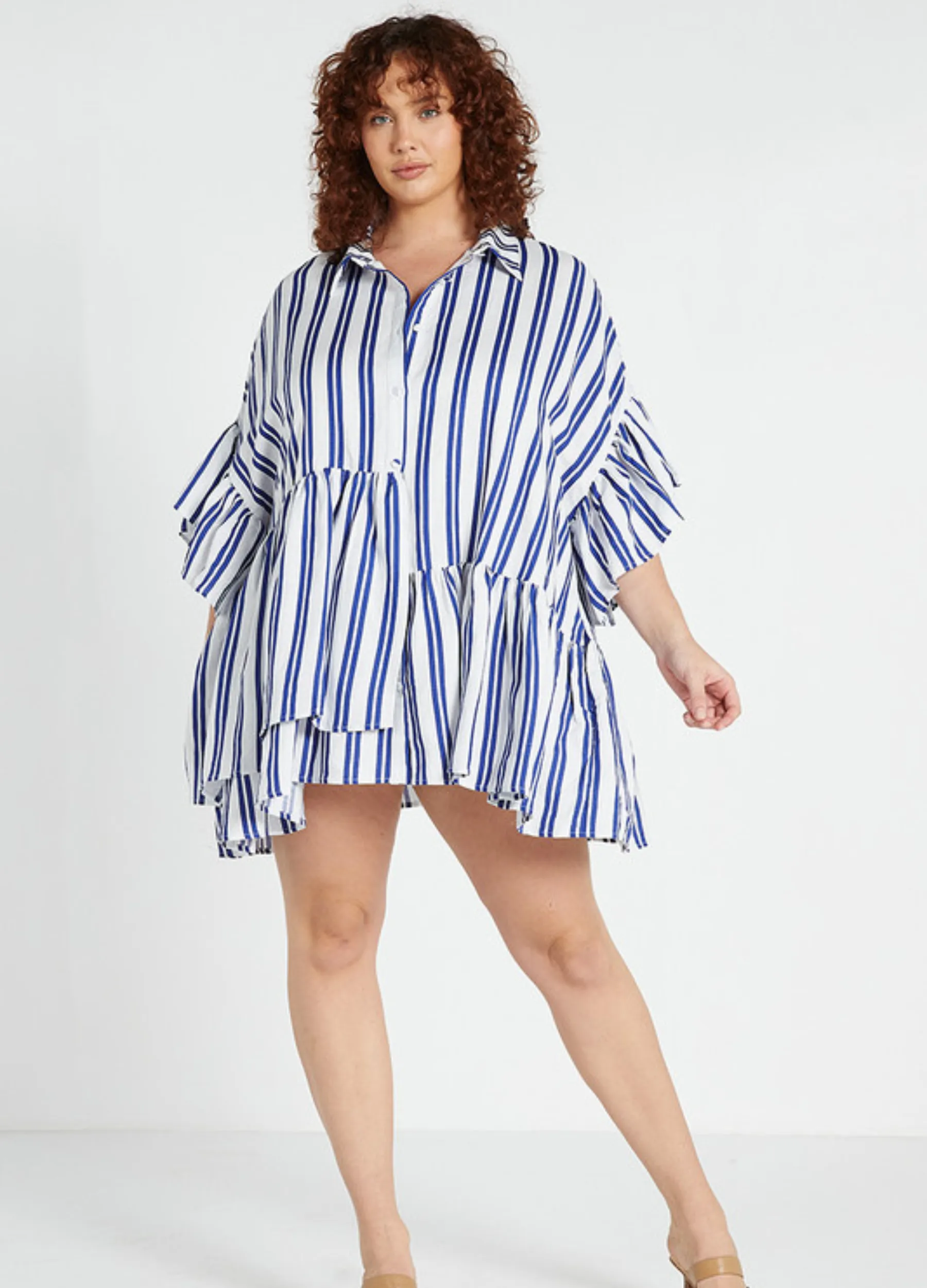 Bohemian Traders - Mid Sleeve Genoa Mini Shirt Dress - Royal Stripe