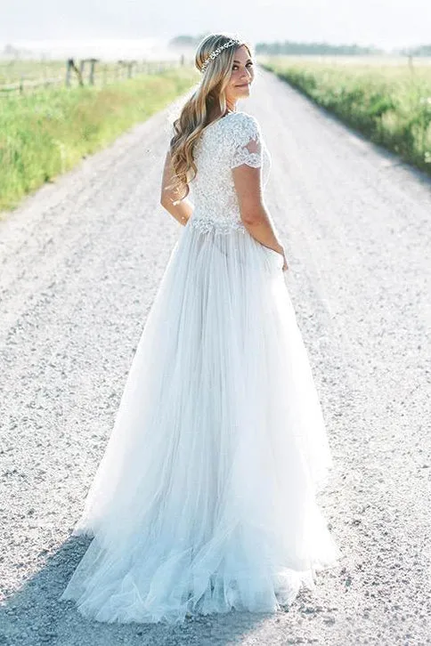 Boho A-line Short Sleeve Lace Appliques Bodice Tulle Wedding Dress-715652