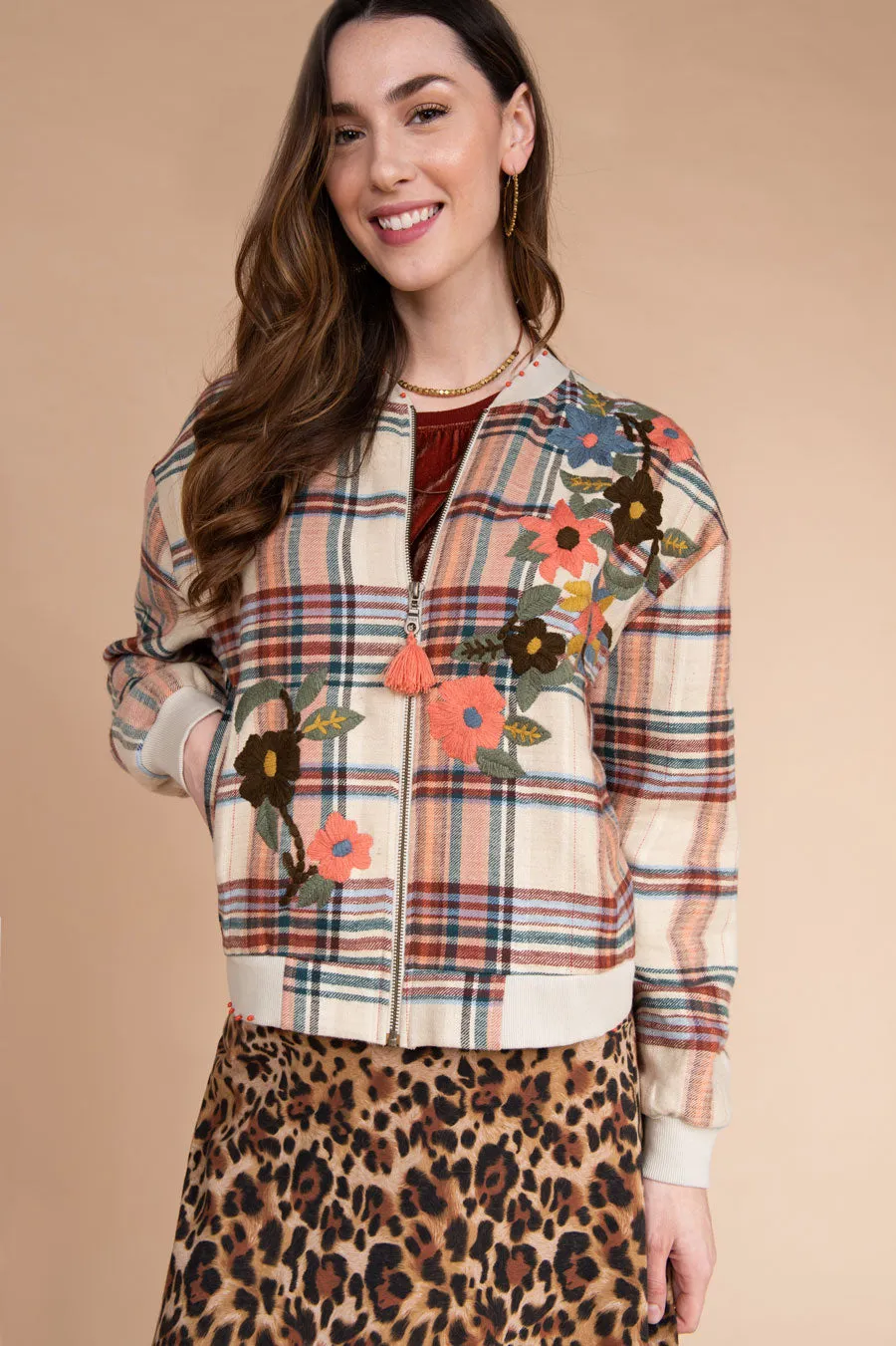 Bomber Jacket with Floral Embroidery