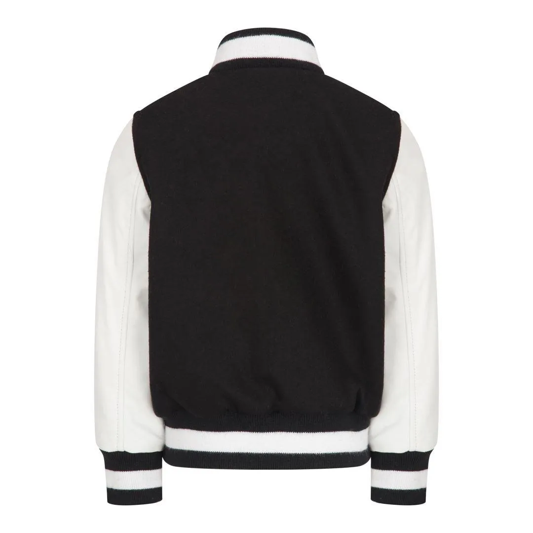 Boys Wool Real Leather Varsity Kids Bomber Jacket Varsity Black White Vintage