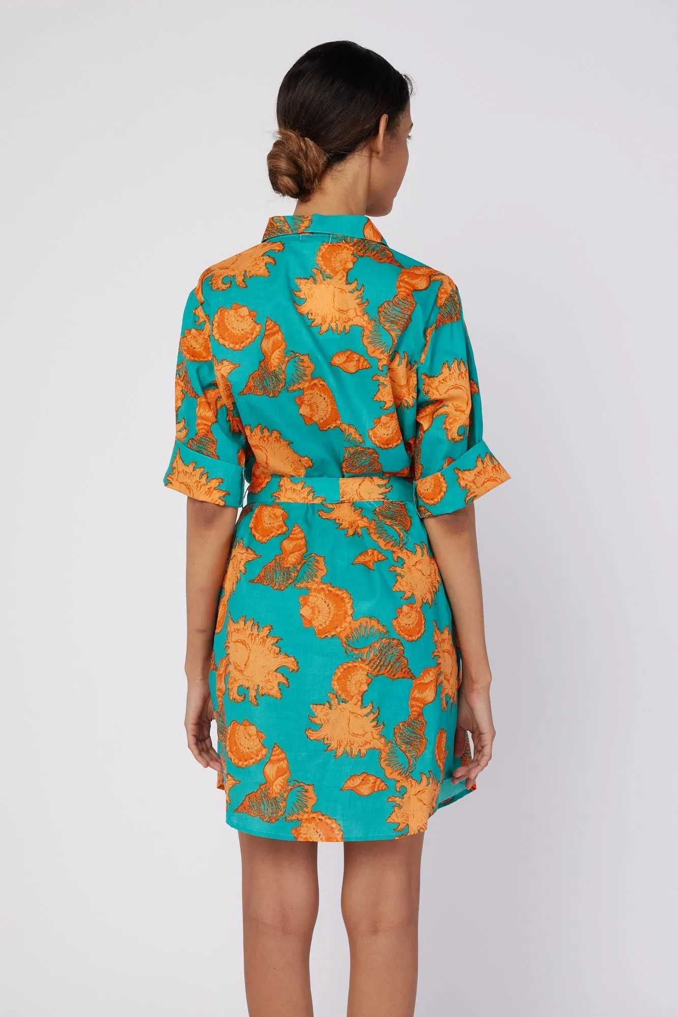 Carlotta 3/4 Sleeve Shirt Dress with Pockets and Detachable Belt in Turquoise Orange Shells