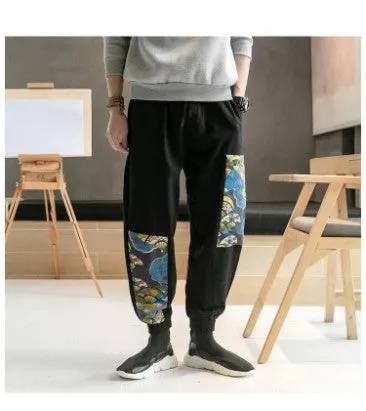 Cotton Linen Drawstring Streetwear in Chinese Art Patched Design Men Pants