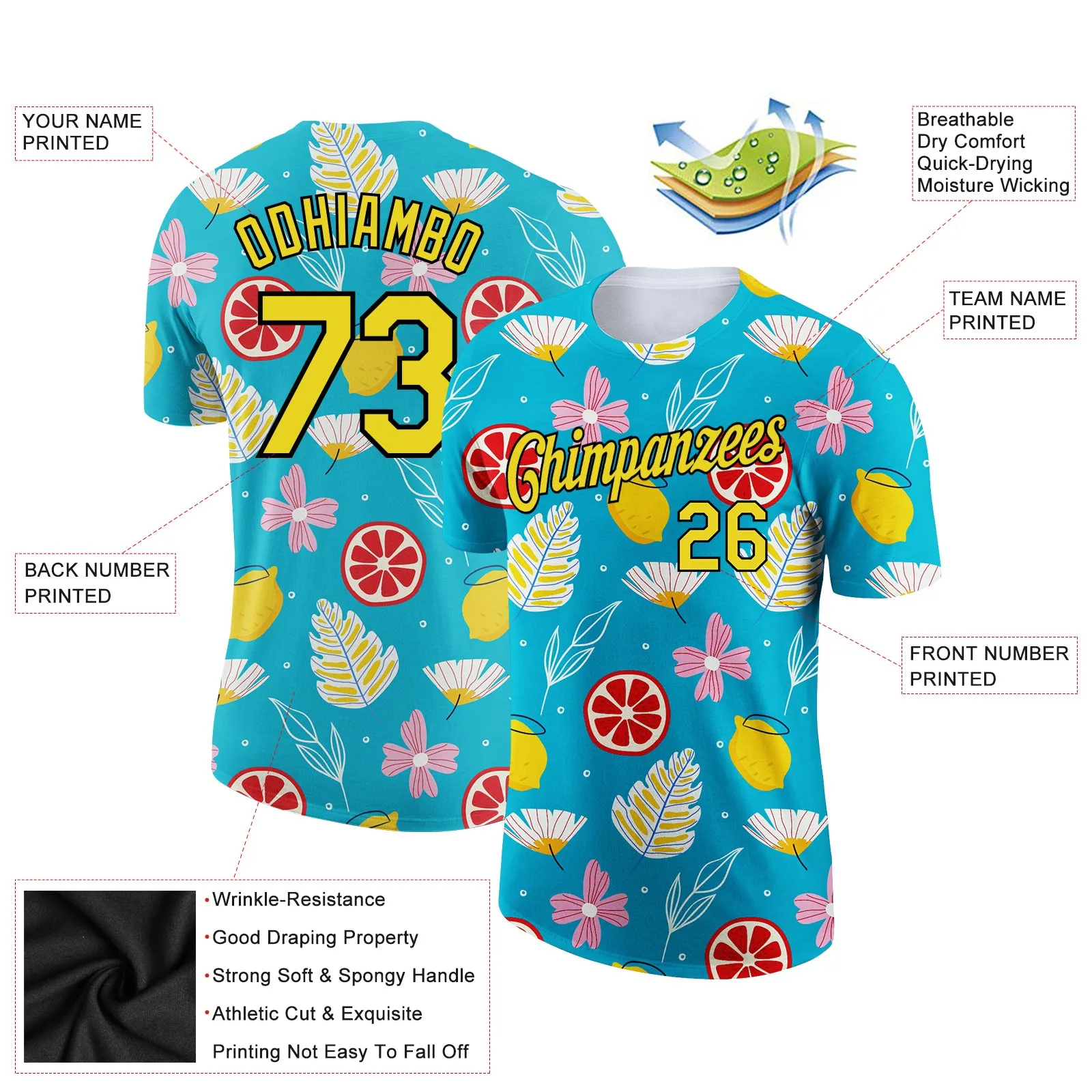 Custom Sky Blue Neon Yellow-Black 3D Pattern Design Summer Holiday Flower And Fruit Performance T-Shirt