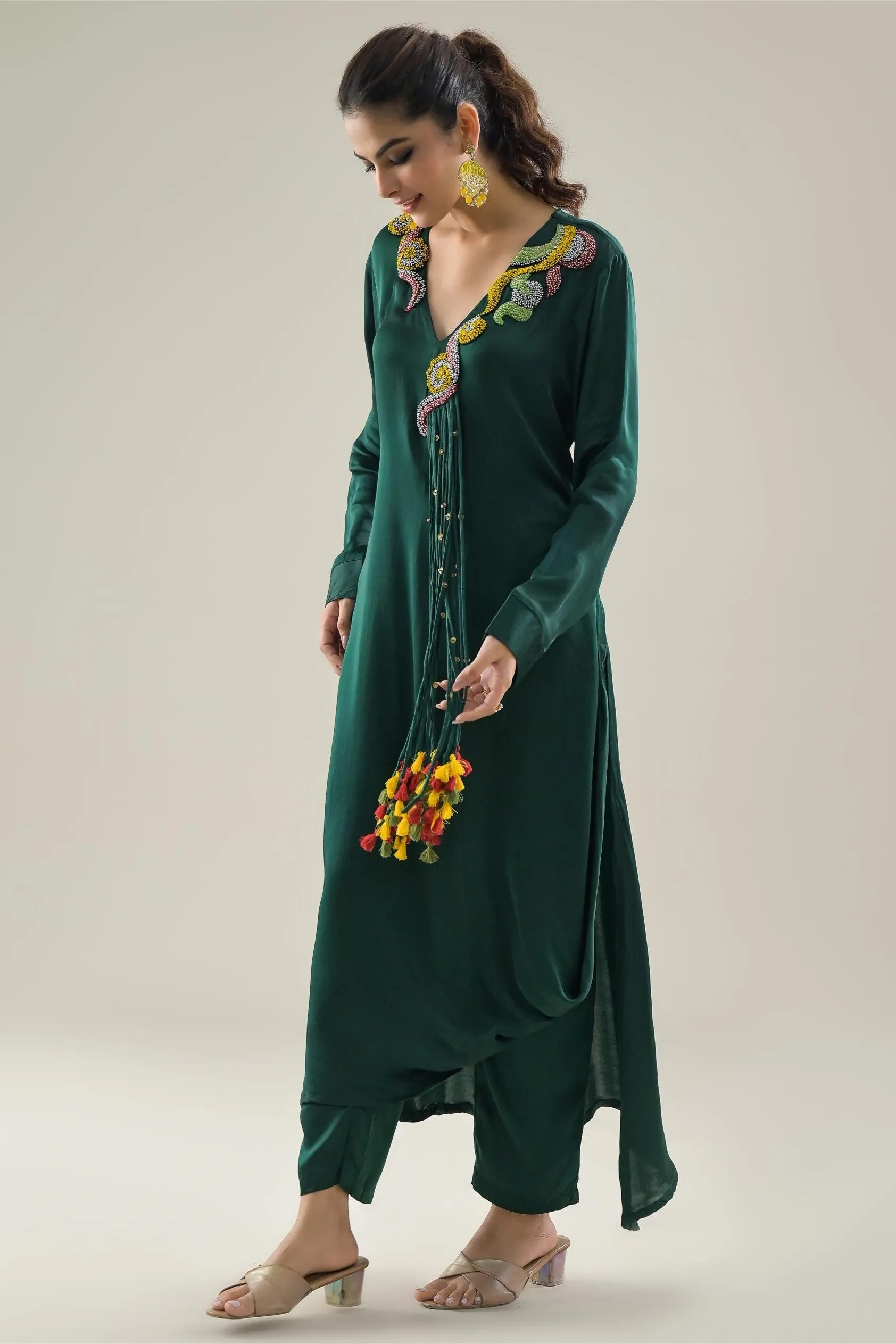 Deep Green Embroidered Satin Silk Kurta & Pants Set