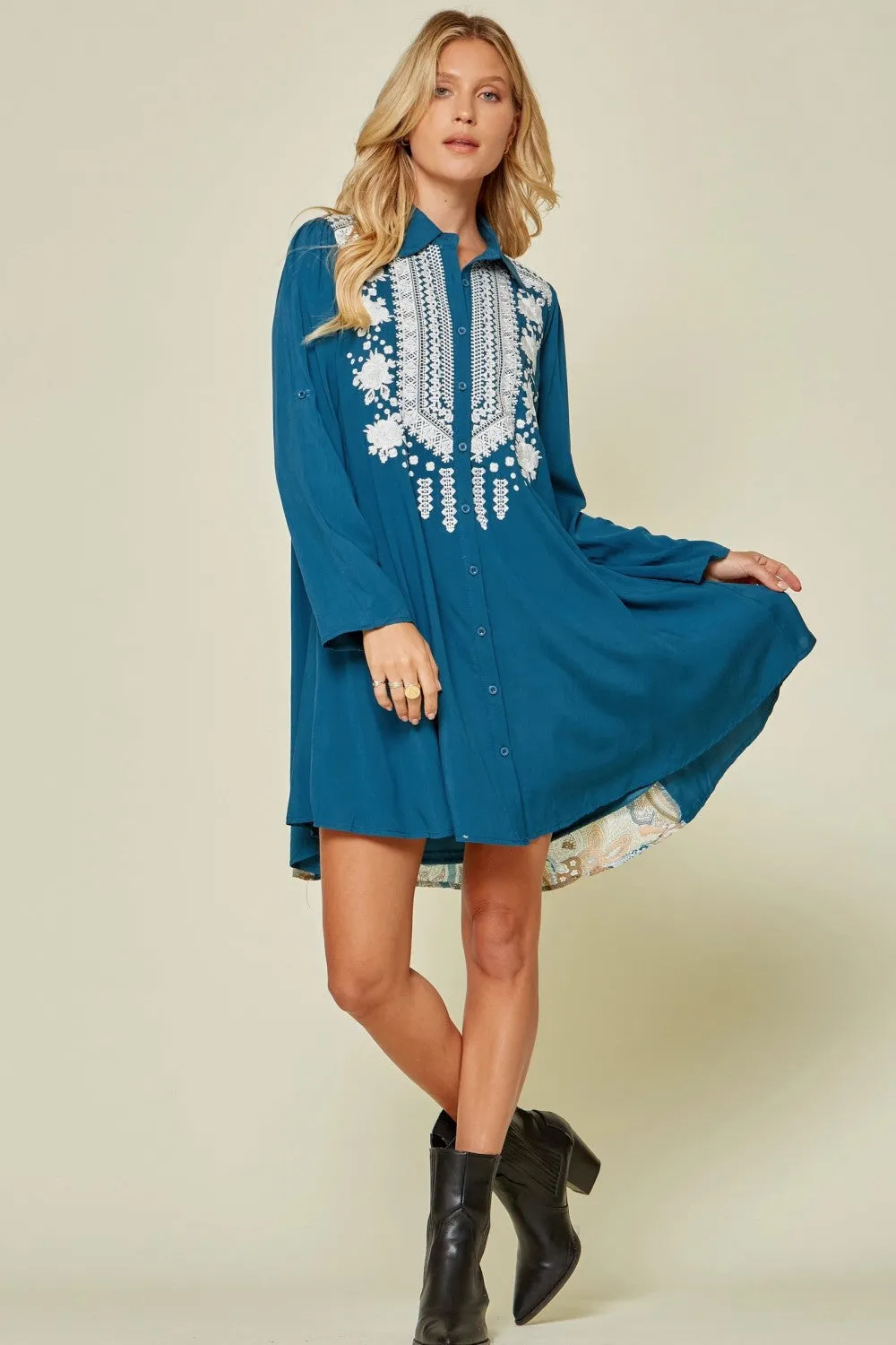 Embroidered & Paisley Shirt Dress