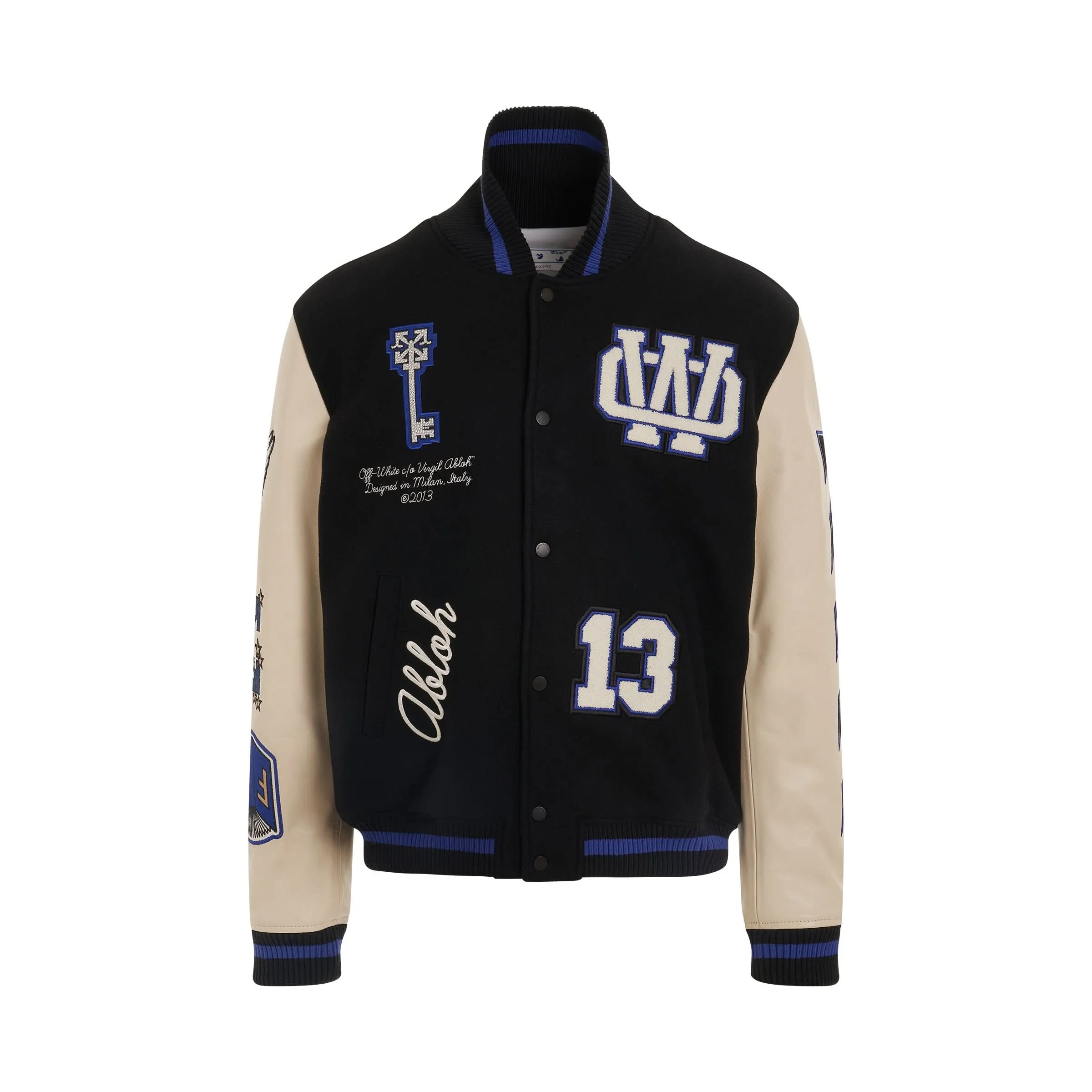 Embroidered Graphics Leather Varsity in Black/Blue