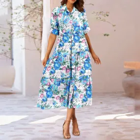 Fashion Print Floral A-line Shirt Elegant Vintage Casual Off Midi Summer Dress