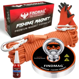 FINDMAG 1000 LBS Pulling Force Magnet Fishing Kit Fishing Magnets with Rope, Premum Fishing Magnet Kit for Retrieving in River and Magnet Fishing - 3.54 inch (90 mm) Diameter