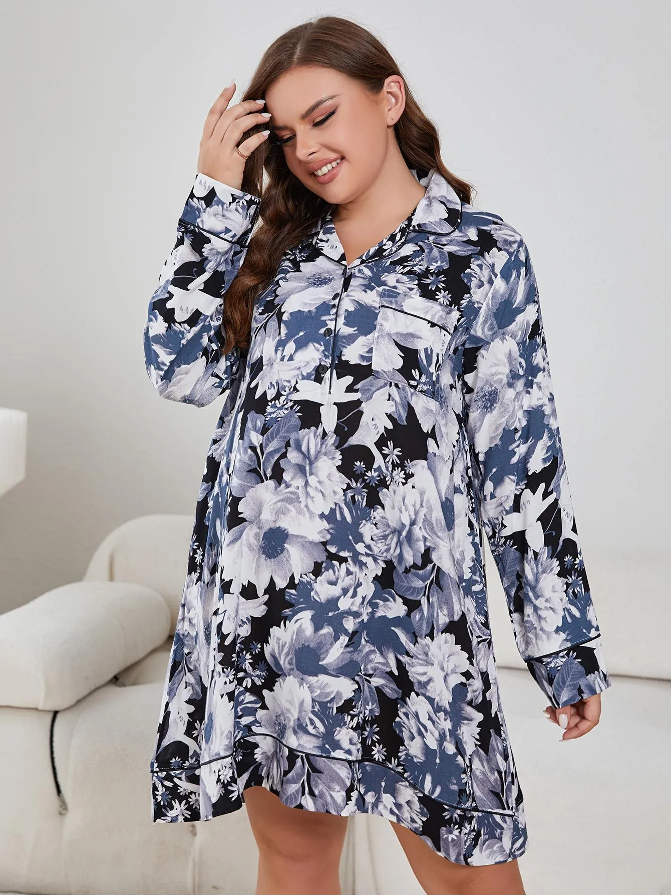 Floral Lapel Collar Long Sleeve Night Dress Voluptuous ( ) Plus Size