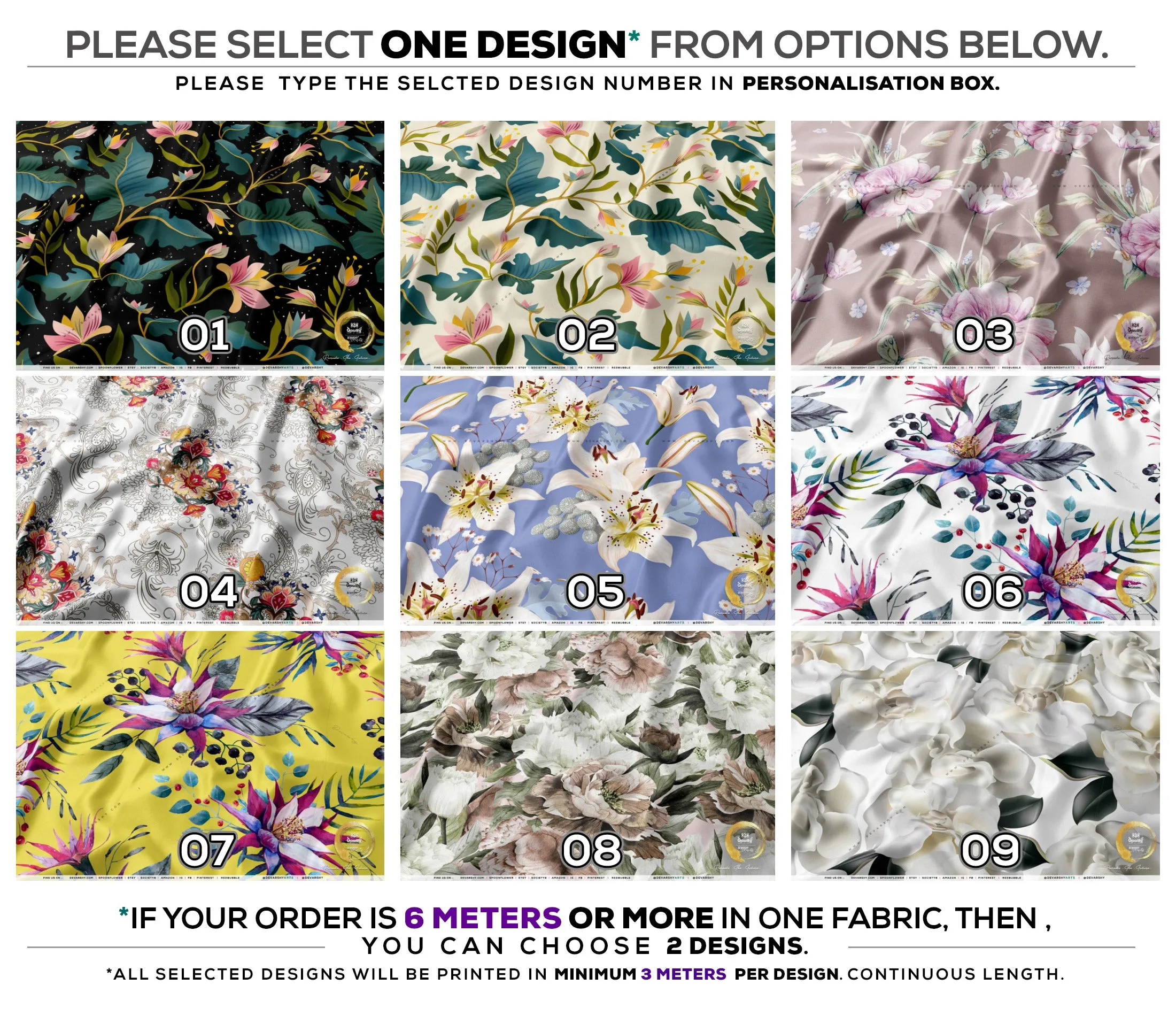 Floral Pattern Apparel Fabric 3Meters , 9 Designs | 8 Fabrics Option | Fabric By the Yard | D20131