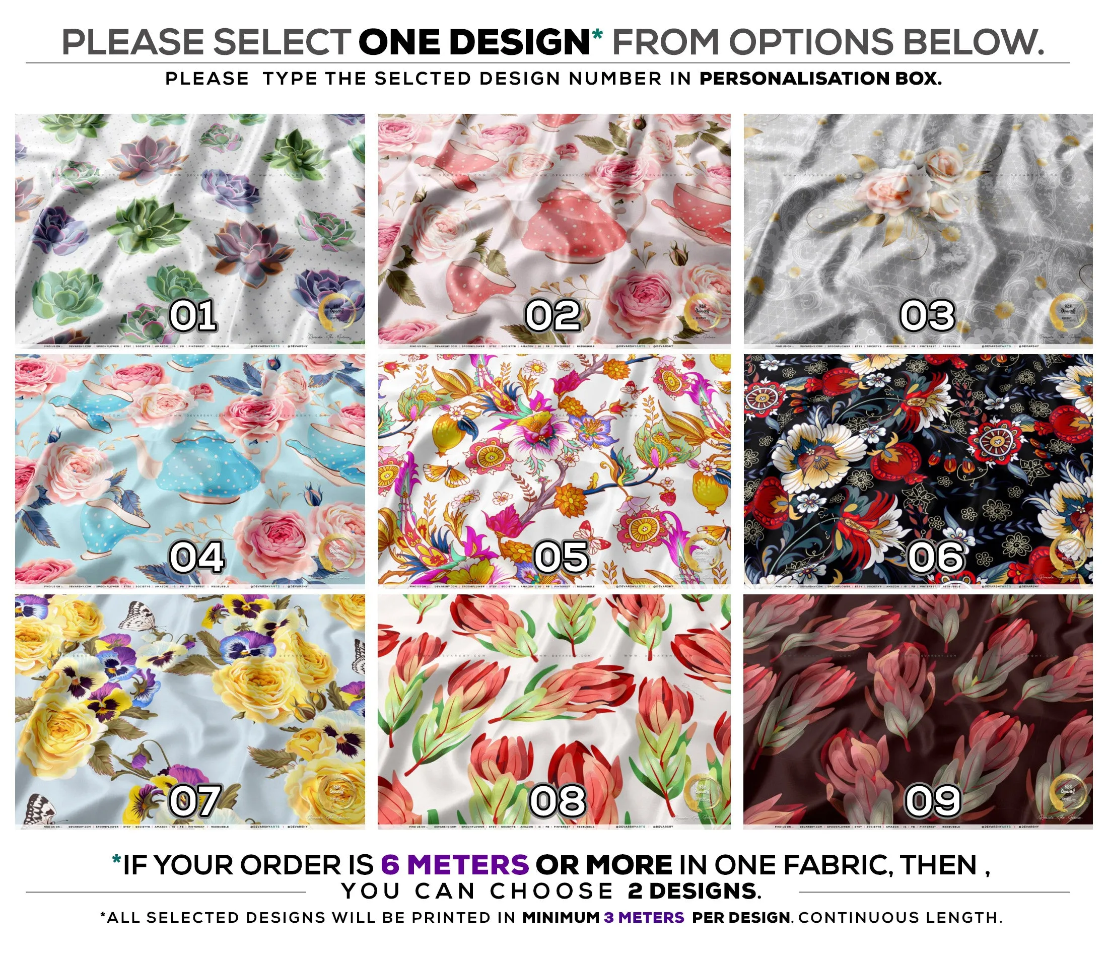 Floral Petals Apparel Fabric 3Meters , 9 Designs | 8 Fabrics Option | Fabric By the Yard | D20150