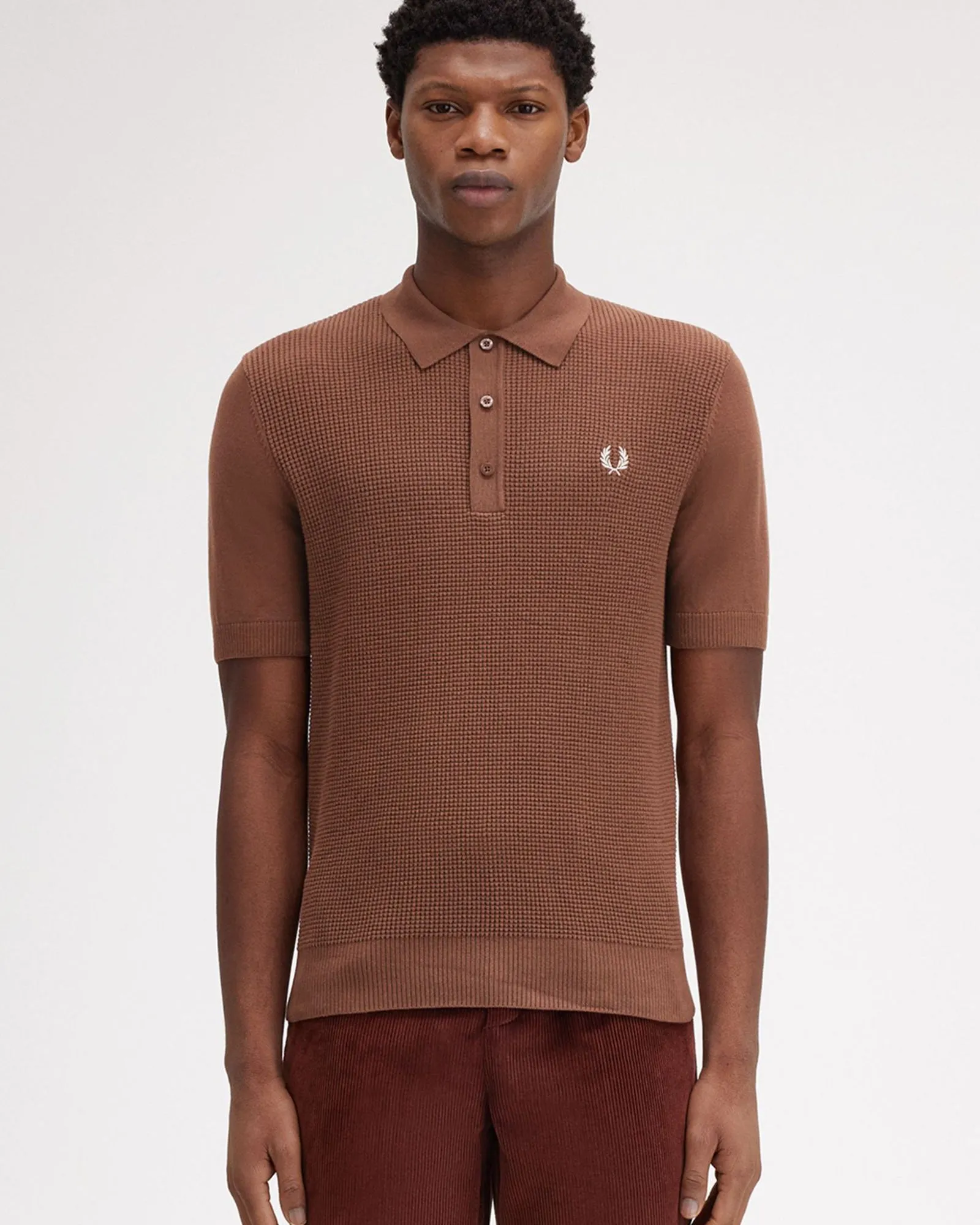 Fred Perry Waffle Stitch Knitted Polo Shirt - Whisky Brown