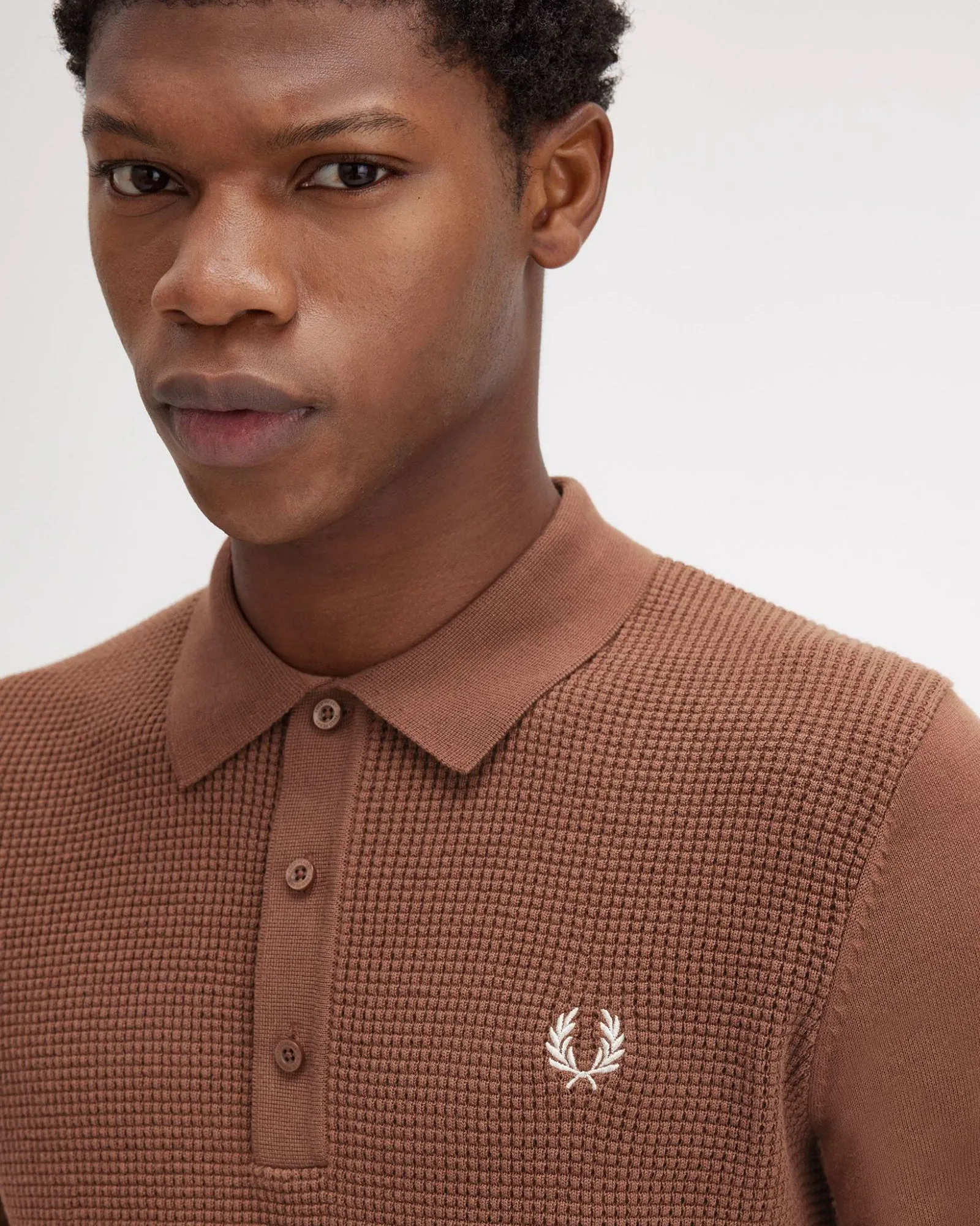 Fred Perry Waffle Stitch Knitted Polo Shirt - Whisky Brown