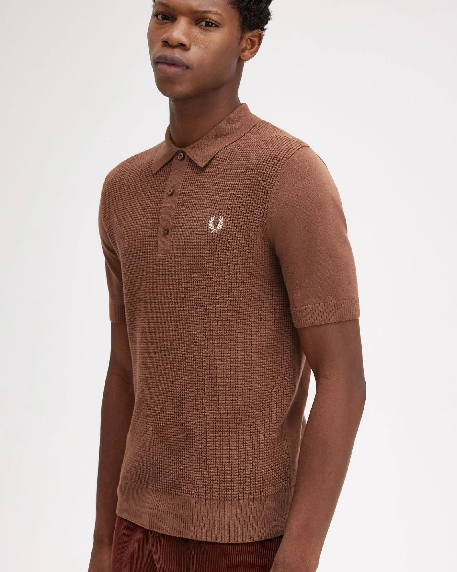 Fred Perry Waffle Stitch Knitted Polo Shirt - Whisky Brown