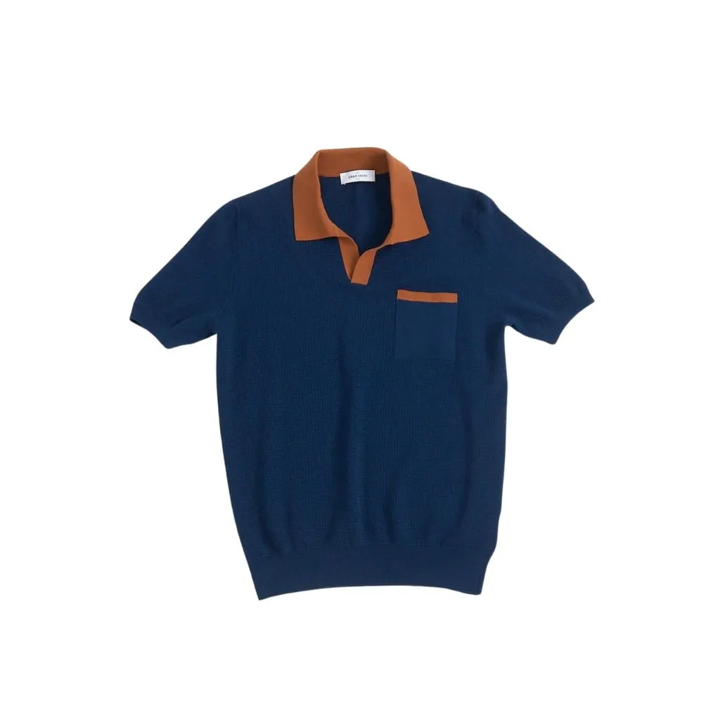 GRAN SASSO Cotton Knit Pocket Polo NAVY/BROWN