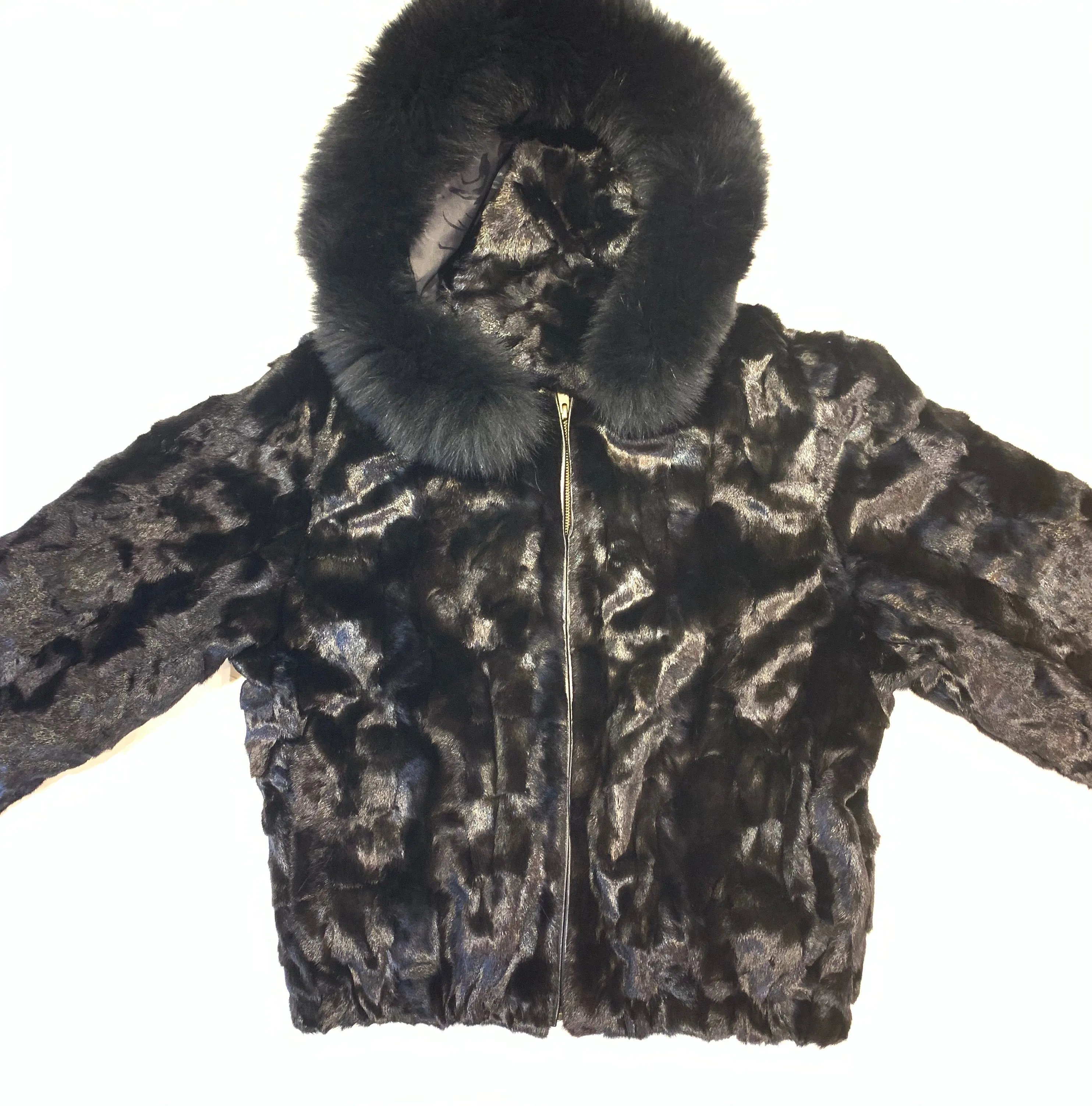 Kashani Women's Black  Mink Hooded Bomber Jacket