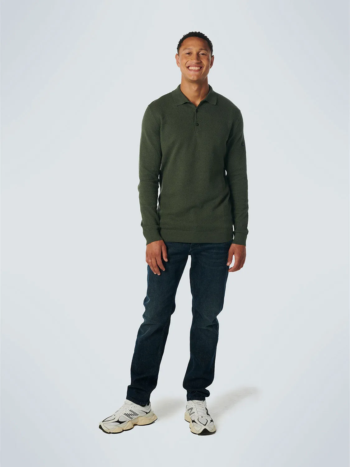 Long Sleeve Textured Polo: Dark Green