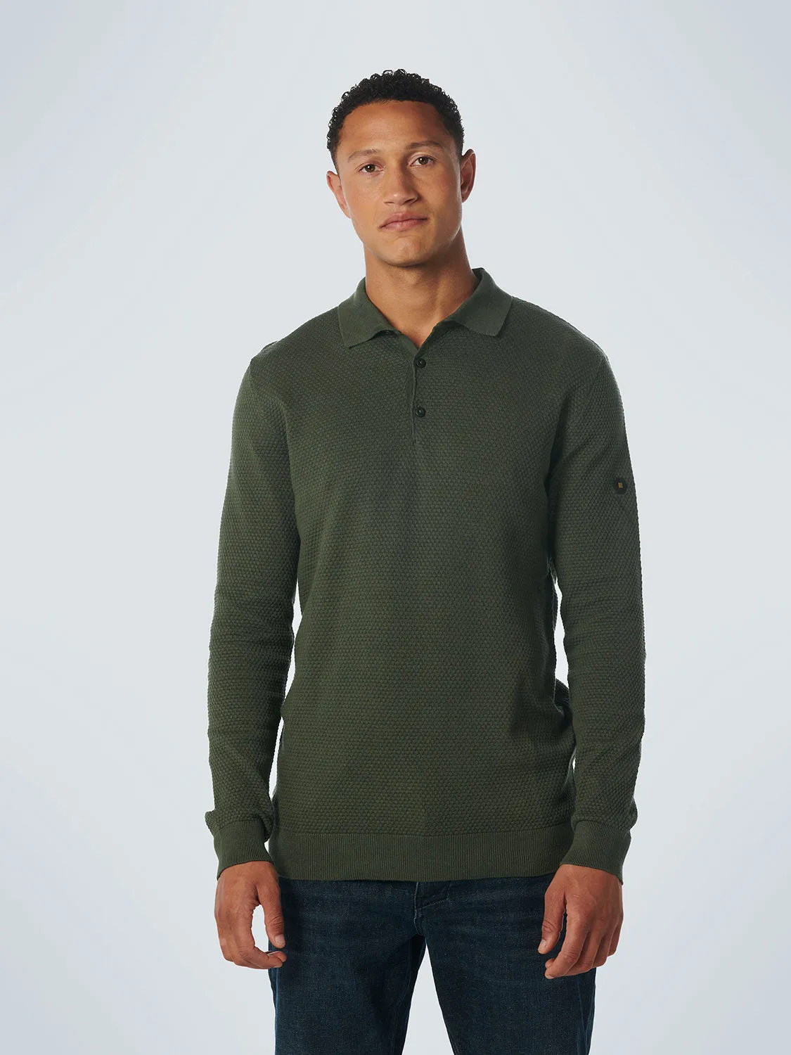 Long Sleeve Textured Polo: Dark Green