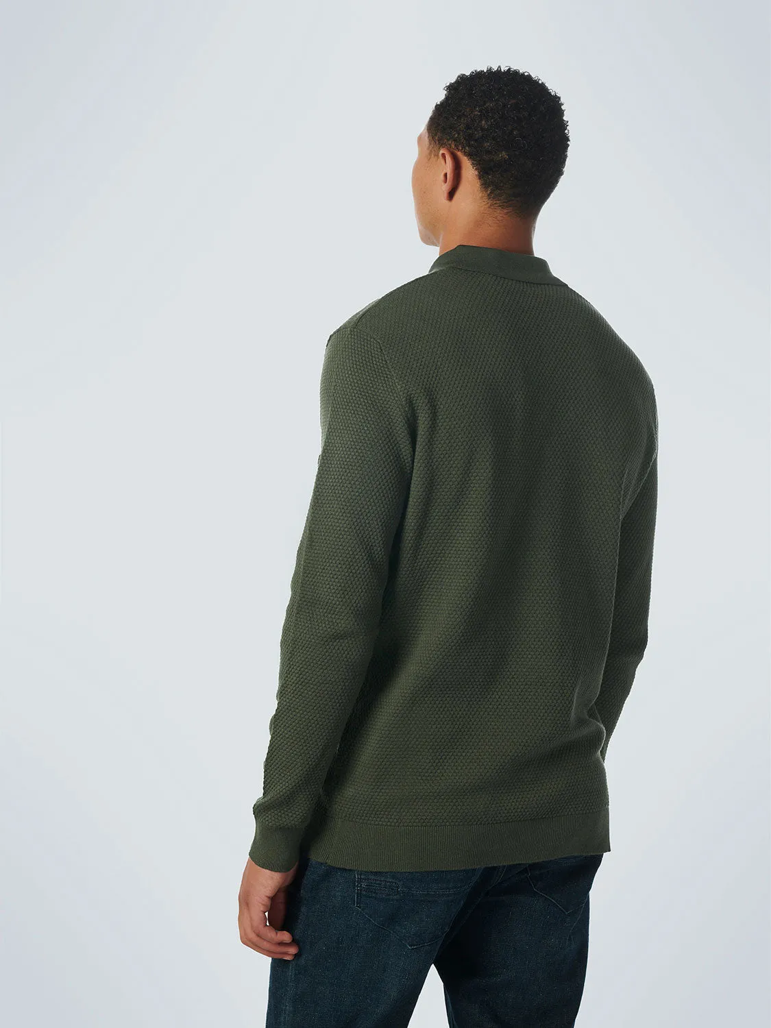 Long Sleeve Textured Polo: Dark Green