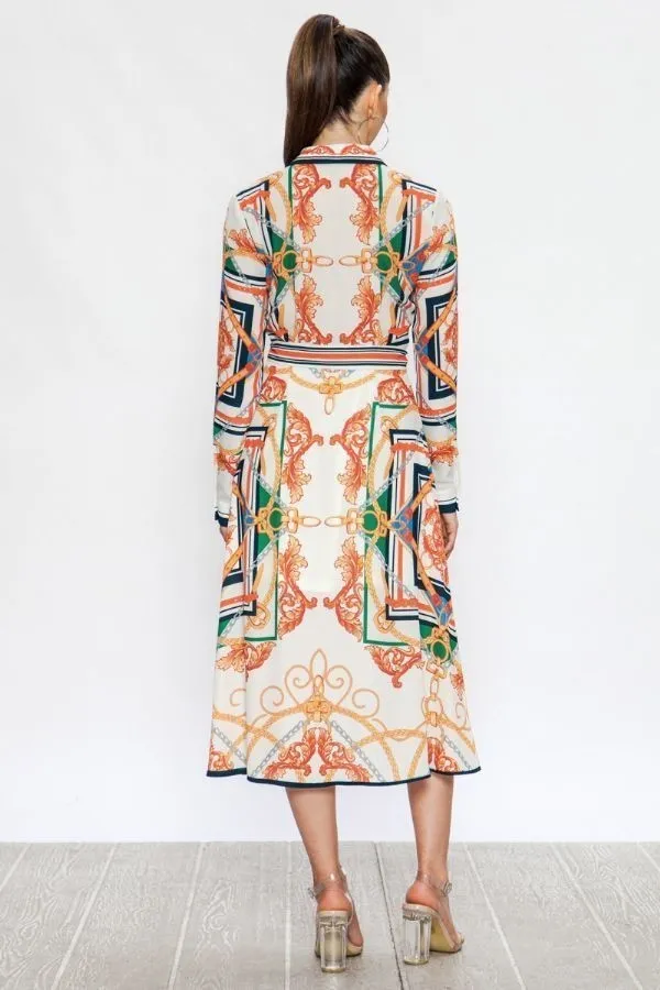 Madrid Off-White Midi Shirt Dress With Baroque Print