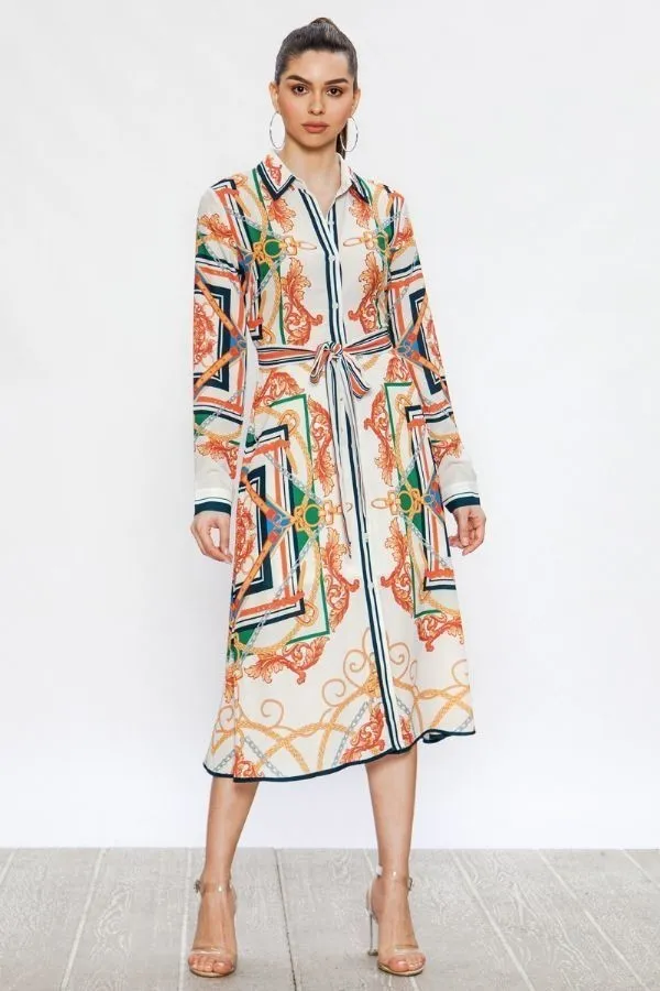 Madrid Off-White Midi Shirt Dress With Baroque Print