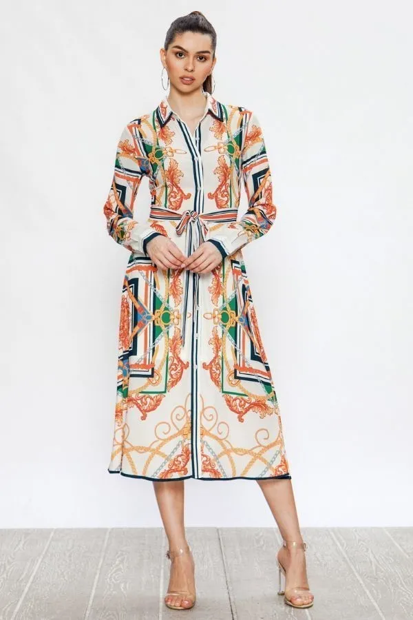 Madrid Off-White Midi Shirt Dress With Baroque Print