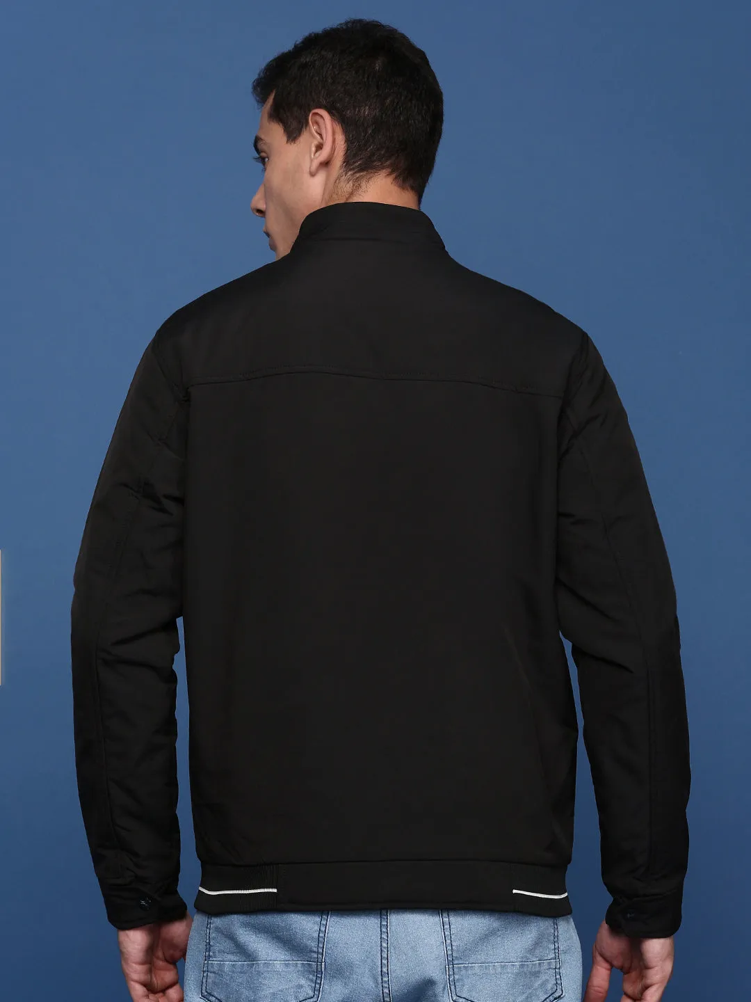 Men Solid Black Bomber Jacket