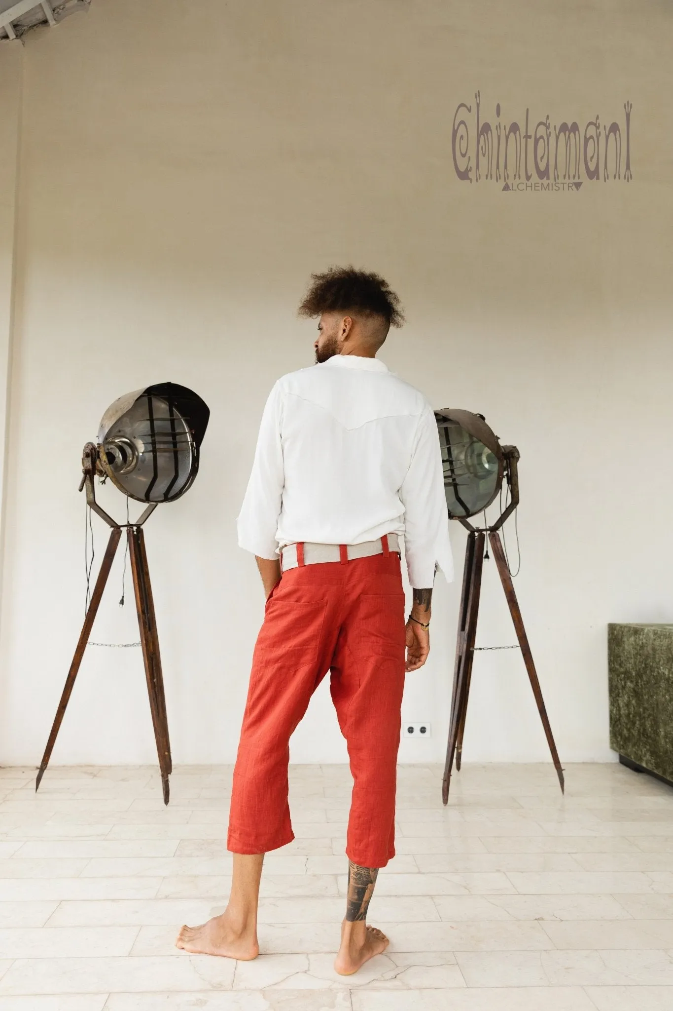 Mens Linen Short Pants 3/4 / Red Ochre