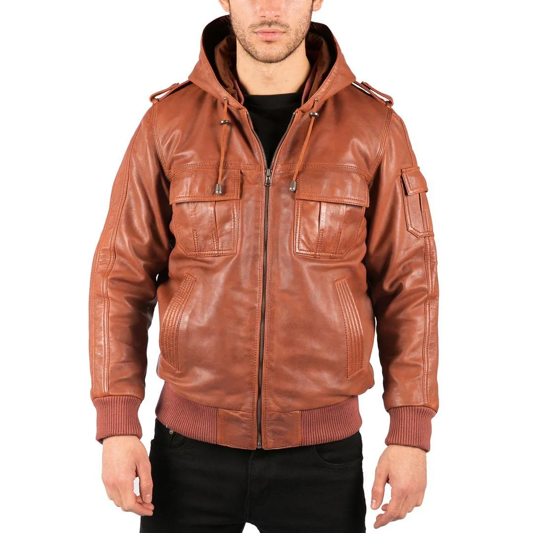 Mens Real Leather Hood Bomber Jacket Tan Timber Brown Washed Vintage Quilted